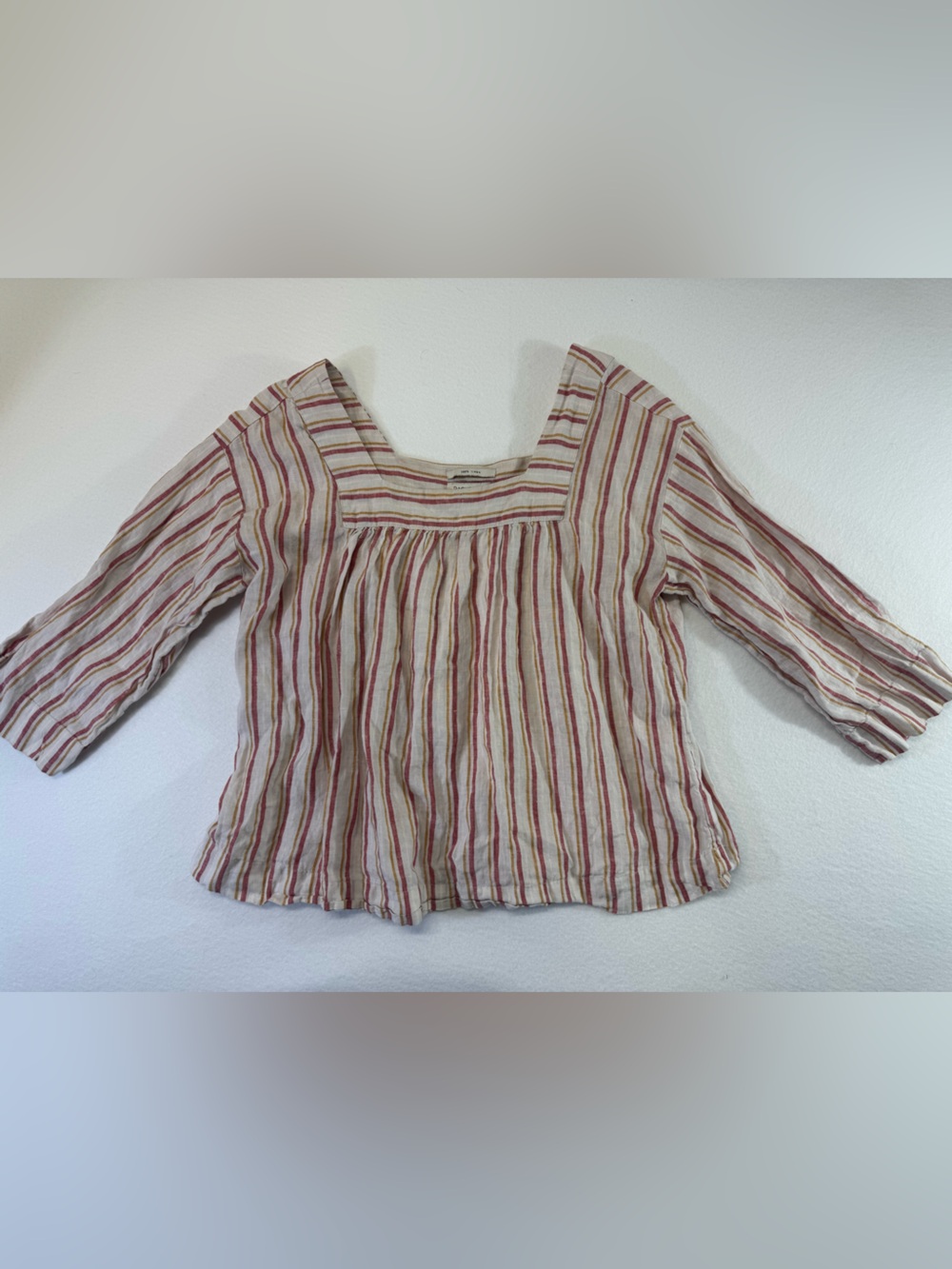 Rachel Zoe Cream Blouse Red Tan Stripes square neckline 100% linen hippy